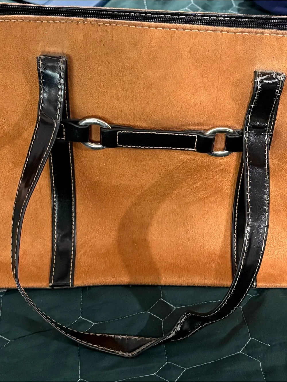kate spade tan suede tote with black leather trim